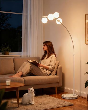 Lightdot arc lamp, white, 4 globes, shatterproof shade, marble base