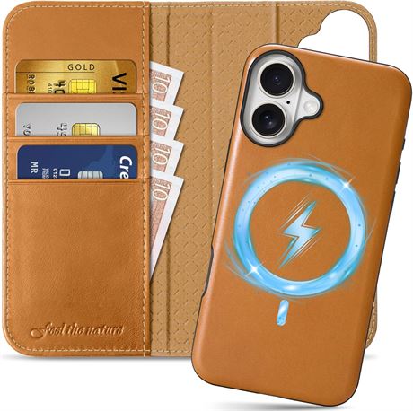 Étui Portefeuille SHIELDON iPhone 16 Plus Cuir Véritable RFID Marron