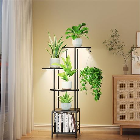 Indoor Plant Stand with Grow Light Five-Tier Metal Shelf Adjustable Black