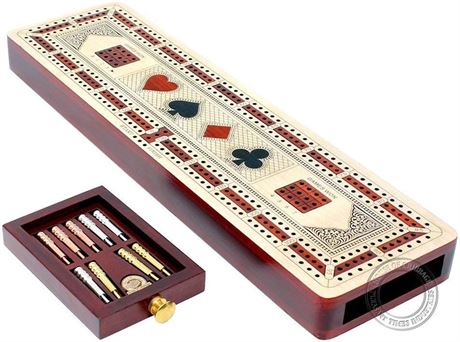 House of Cribbage 3-Track Wooden Cribbage Board with Drawer and Inlaid Suits