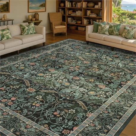 8x10 Dark Green Floral Washable Area Rug   Living Room, Bedroom, Low Pile