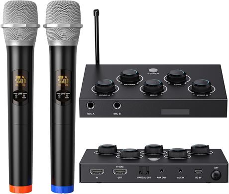Karaoke Microphone Mixer System with Dual UHF Wireless Mics, HDMI In/Out
