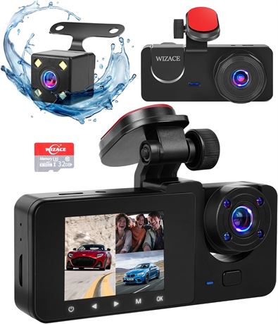 WIZACE 1080P 3-Channel Dash Cam Front/Rear with 32GB Card, IR Night Vision, Loop
