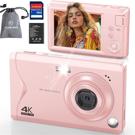 4K Digital Camera for Kids - 64MP, 16x Zoom, 64GB, Pink