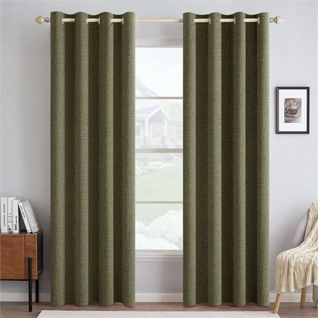 MIULEE 100% Blackout Linen Curtains, 52x84 in (2 Panels), Light Olive Green