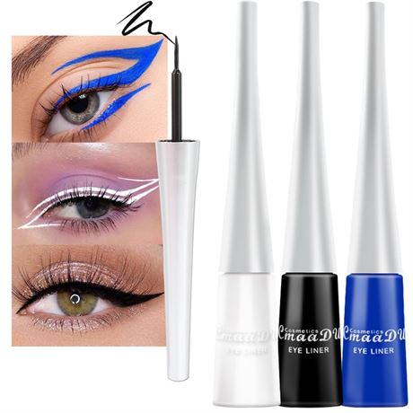 3 Colors Liquid Eyeliner Set: White, Blue, Black Waterproof Eyeliners