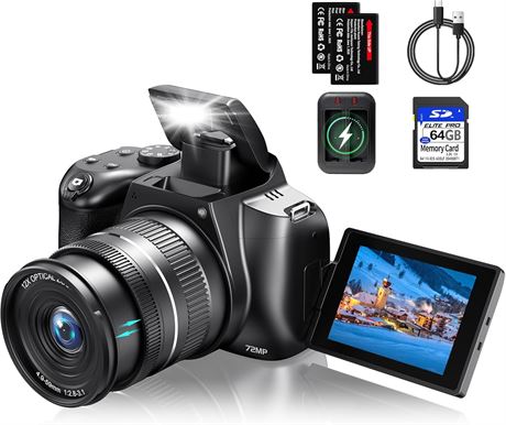 4K 72MP Digital Camera 12X Optical Zoom 270° Flip WiFi 32GB