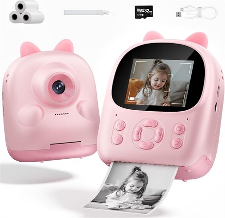 Instant Print Camera for Kids, Toddler Camera with 3 Rolls Paper, Pink