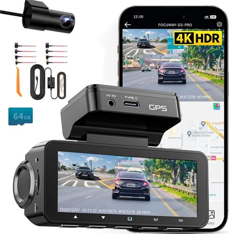 FOCUWAY D2 Duo 4K Dash Cam with Hardwire Kit 24/7 Parking Monitor