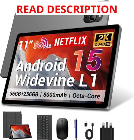 Android 15 Tablet 11" with Keyboard, 2K IPS, 8-Core, 8+13MP, 36/256GB, GMS