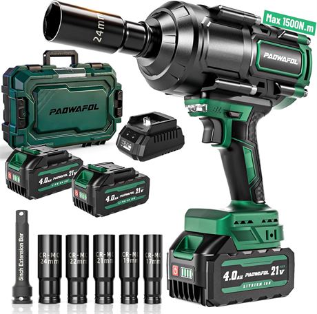 1500N.m 1/2" Impact Wrench, 21V Brushless, 2x4.0Ah Battery