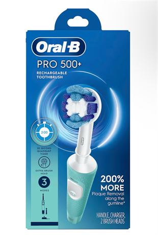 Oral-B Pro 500 Electric Toothbrush Rechargeable with 2 Brush Heads Mint