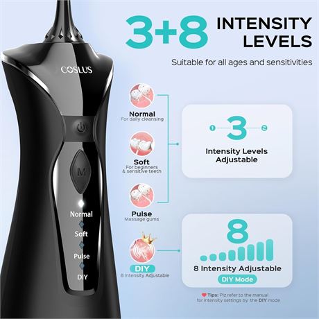 COSLUS Water Cordless Flosser 4 Modes Portable 300ML Tank, IPX7, Black