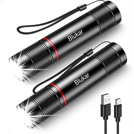 Blukar LED Flashlight 2-Pack Rechargeable, Zoomable, Adjustable Brightness