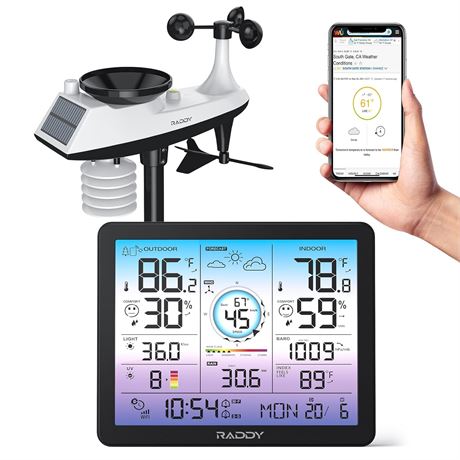 Raddy VP7 Wi-Fi Weather Station 15-in-1 Indoor/Outdoor Rain Gauge, Temp/RH