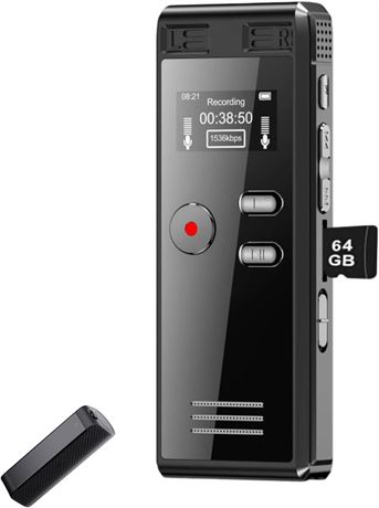 64GB Digital Voice Recorder with Playback, 4552 Hours, Dual MIC, A-B Repeat