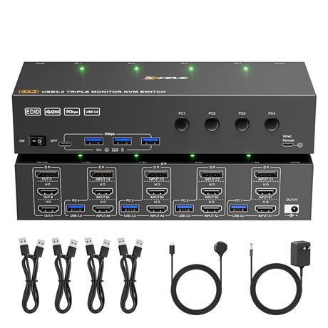 KVM Switch: 3 Monitors for 4 PCs, 4K@60Hz, EDID, USB 3.0 HDMI/DP