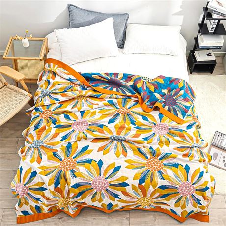 Boho Throw Blanket - 100% Cotton Ultra Soft Rustic Sunflower Quilt 60 80
