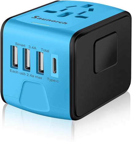 SAUNORCH Universal Travel Adapter – 3xUSB-A, 1xUSB-C, Blue
