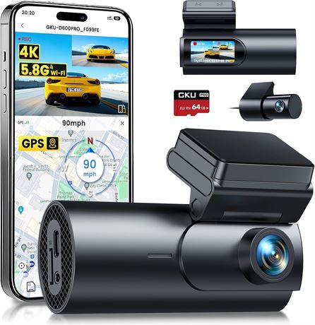 GKU Dash Cam Front & Rear 4K+1080P Dual, 5GHz WiFi GPS, 64G SD, 1.47"