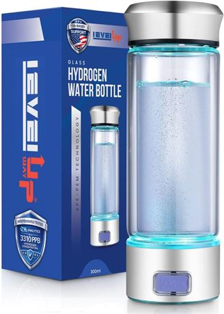 LevelUpWay Hydrogen Water Bottle Generator 3310 PPB H2, SPE/PEM, Glass