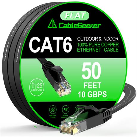 Cat 6 Ethernet Cable 50ft Flat, High-Speed 10Gbps LAN Cord with Clips & Straps