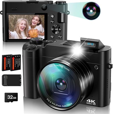 4K Digital Camera 64MP Autofocus Front/Rear Lens, 16x Zoom, Anti-Shake