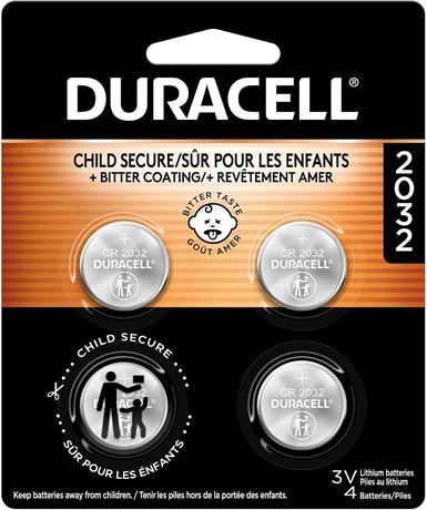 Duracell CR2032 Lithium Coin Battery, 3V, Child-Safe Packaging, 4 Pack