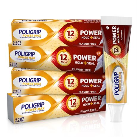 Poligrip Power Max Denture Cream, Flavor-Free, 4-Pack