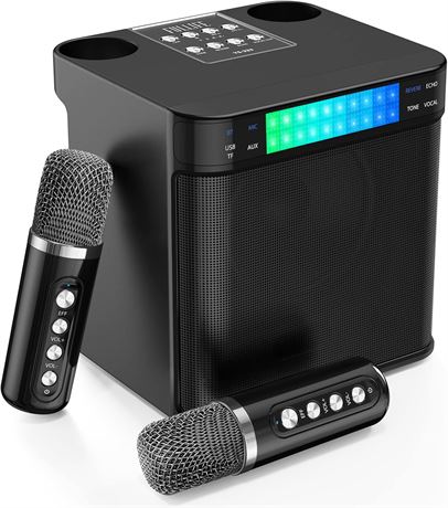 FULLIFE Karaoke Machine with 2 Wireless Mics, Bluetooth, LED Lights
