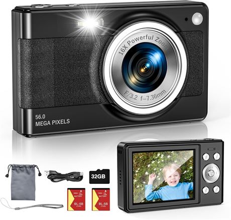 Appareil photo enfants 56MP FHD zoom 16X compact noir 32Go
