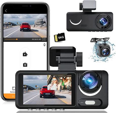 3-Channel Dash Cam Front/Rear, Full HD Car Camera, 64GB SD, 2" IPS Screen