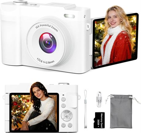4K Auto-Focus Camera, 50MP, Flip Screen, 16x Zoom, 64GB SD, 2 Batteries