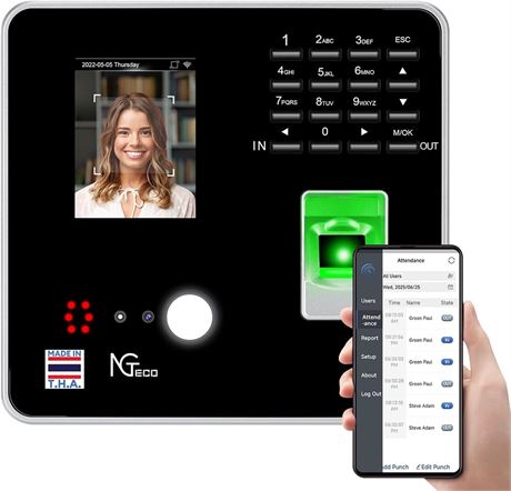 NGTeco Time Clock: Face, Finger, RFID, PIN, App iOS/Android, Silver