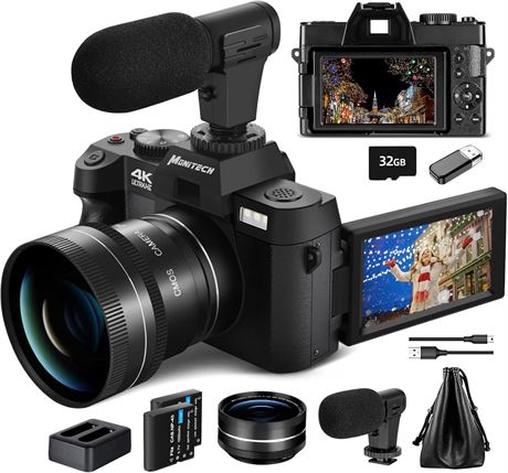 Monitech 4K Digital Camera 48MP with 52mm Lens, 3" LCD, Vlogging Camera