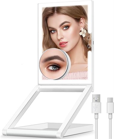 Makeup Mirror, 3 Light Modes, 10X Magnification, Folding, Touch, Rechargeable