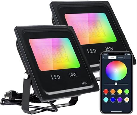 2Pcs LED Flood Light Outdoor, RGB, App Control, Waterproof