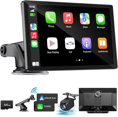 Portable Wireless Apple CarPlay Screen with 4K Dash Cam and Backup Camera