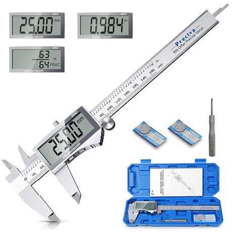 Preciva Digital Caliper 6-Inch, Stainless Steel Measuring Tool, LCD