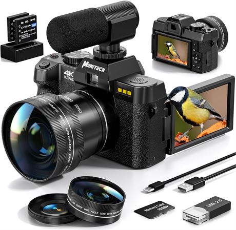 Mo 4K 48MP Vlogging Camera 180° Flip 16X Zoom Autofocus 32GB SD 2 Batteries