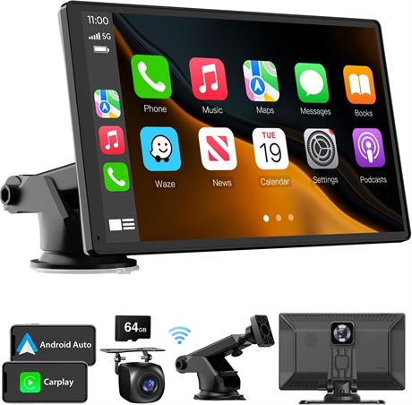 9" 4K Wireless CarPlay Screen – Android Auto + Dash/Rear Cam
