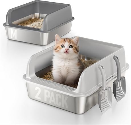 2 Pack Stainless Steel Cat Litter Box with Lid, High Sides, Odor Control