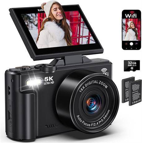 5K 75MP Vlogging Camera - 3" Flip Screen, 18X Zoom, 32GB SD