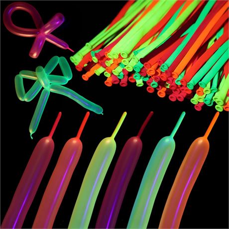 Skylety 150 Pcs Neon Glow Long Balloons for Twisting - Reactive Latex