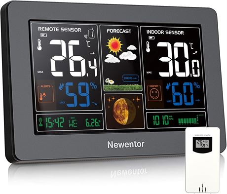 Newentor Wireless Weather Station with Color Display & Atomic Clock, Black