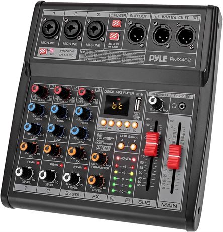 Pyle DJ Audio Mixer, 3-Ch, USB, FX, Phantom Power