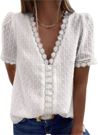 Women Tunic Tops, Lace Shirt, V Neck Short Sleeve Blouse