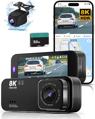 Dashcam 8K avant/arrière GPS WiFi écran 3.16" vision nuit 170°