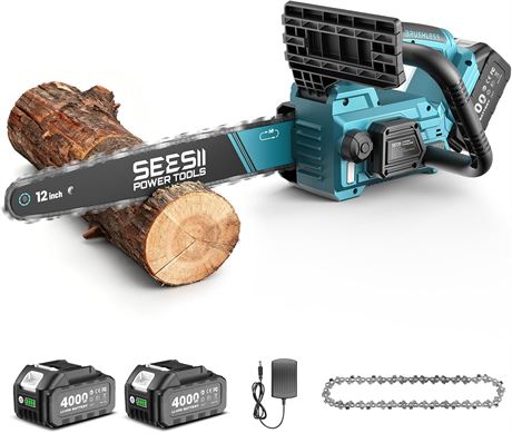 Seesii Cordless Mini Chainsaw 12-Inch, Brushless Battery Powered