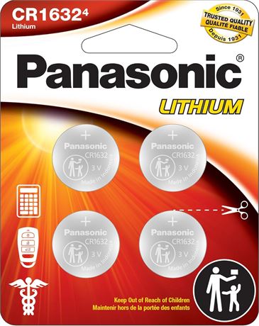 Piles bouton Panasonic CR1632 3 V lithium, pack de 4, sécurité enfant